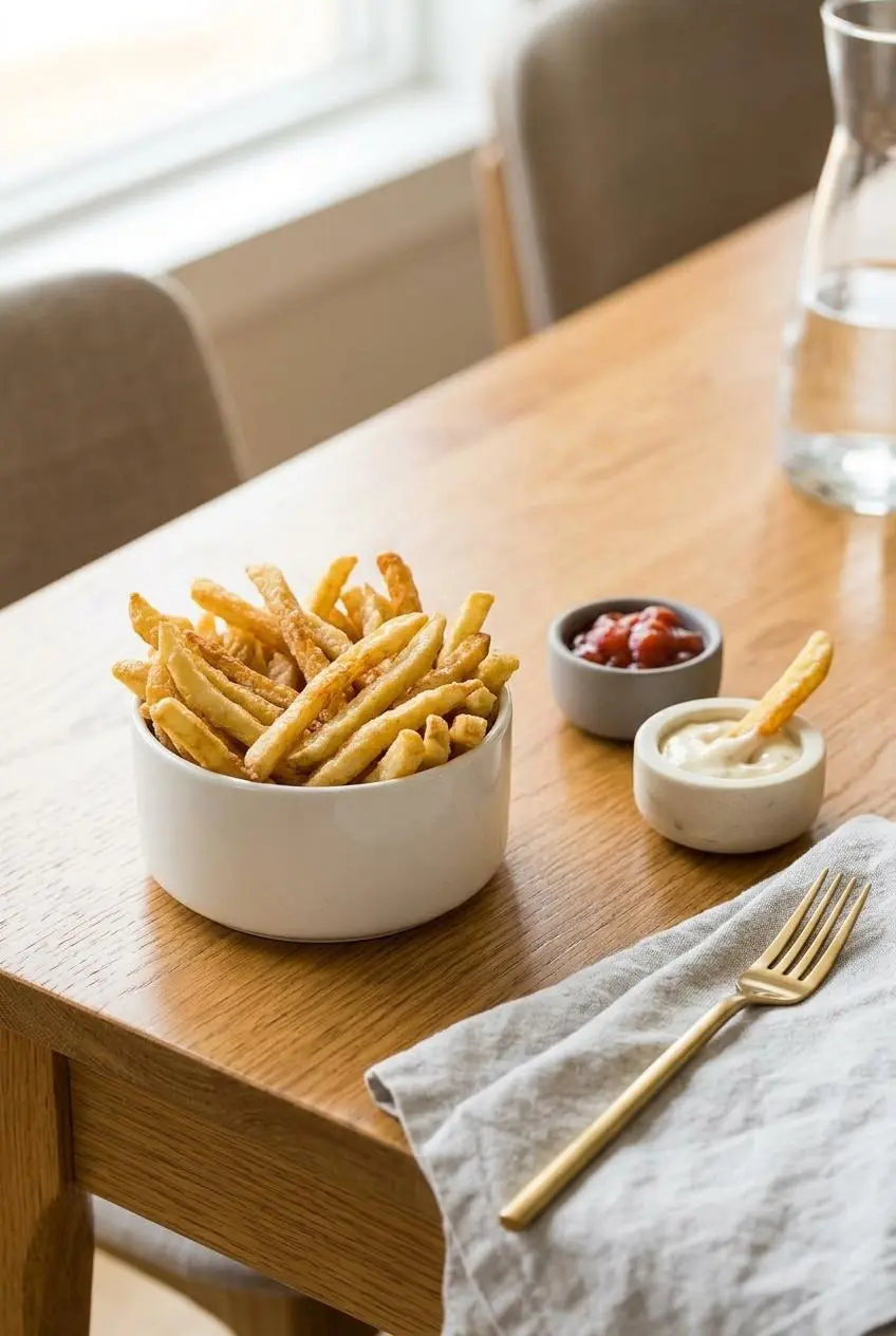 A serving of keto french fries with two dipping sauces, a creamy white garlic aioli and a red sugar-free ketchup.