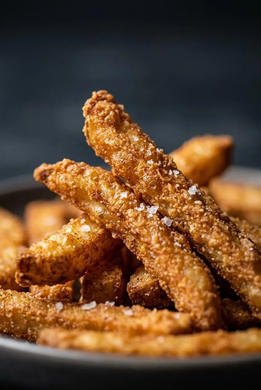 A close-up macro shot of several golden keto fries, showing their ultra-crispy, bubbly texture and flecks of salt.