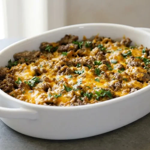 Keto Ground Beef Casserole in a white baking dish, featuring a bubbly, golden-brown cheddar cheese topping and a sprinkle of fresh parsley.