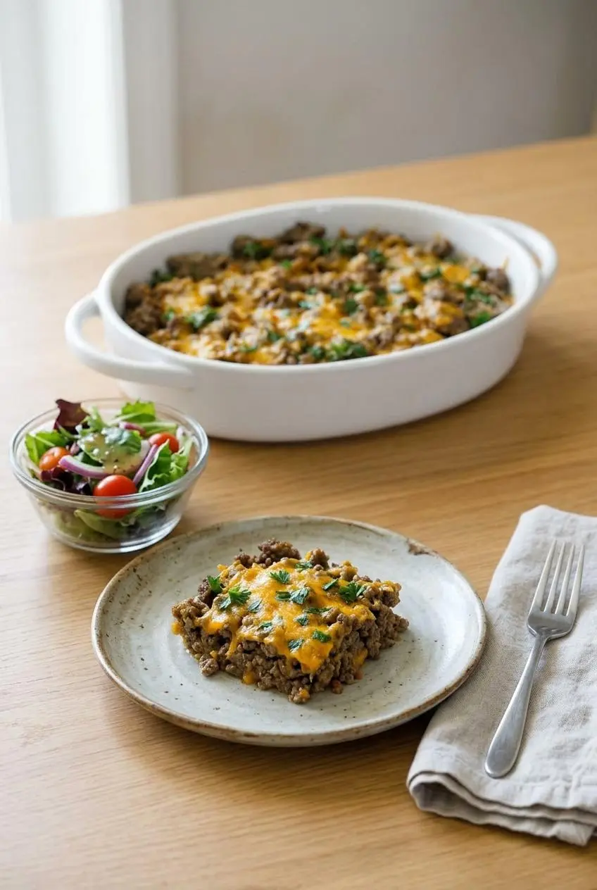 A square slice of keto ground beef casserole on a plate, served with a side salad in a glass bowl for a balanced low-carb meal.