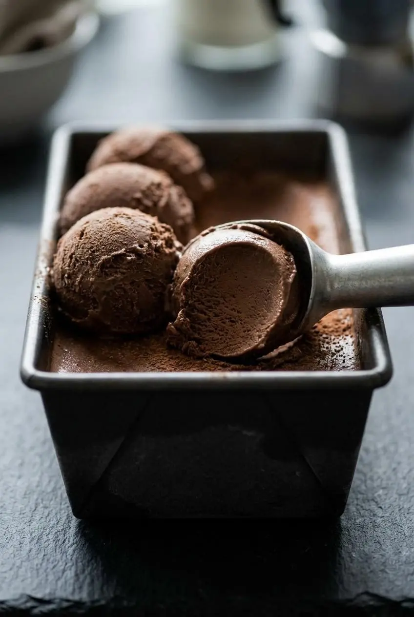An ice cream scoop lifts a perfect ball of dark chocolate ice cream from a pan, revealing the smooth, creamy texture below.