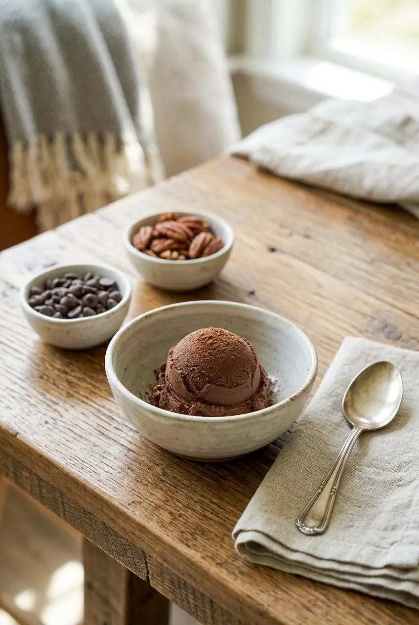 A scoop of chocolate keto ice cream in a light-colored bowl, with small side dishes of sugar-free chocolate chips and pecans.