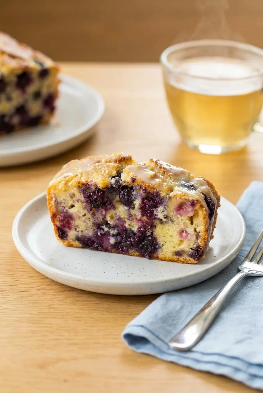 A slice of keto lemon blueberry bread with a light lemon glaze, served on a white plate with a fork and a cup of tea in the background.