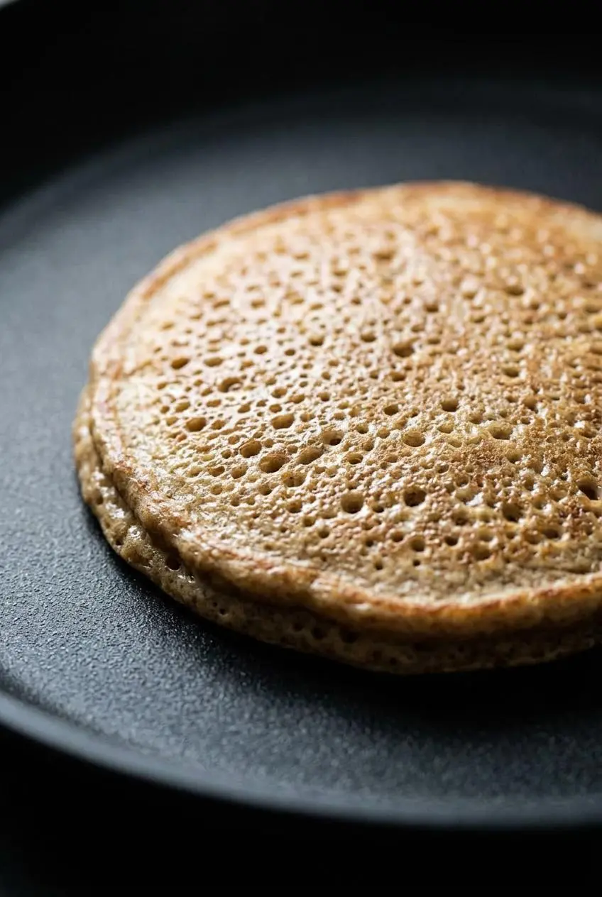 A close-up of a single keto peanut pancake cooking in a dark skillet, with bubbles forming on the top surface, indicating it's ready to