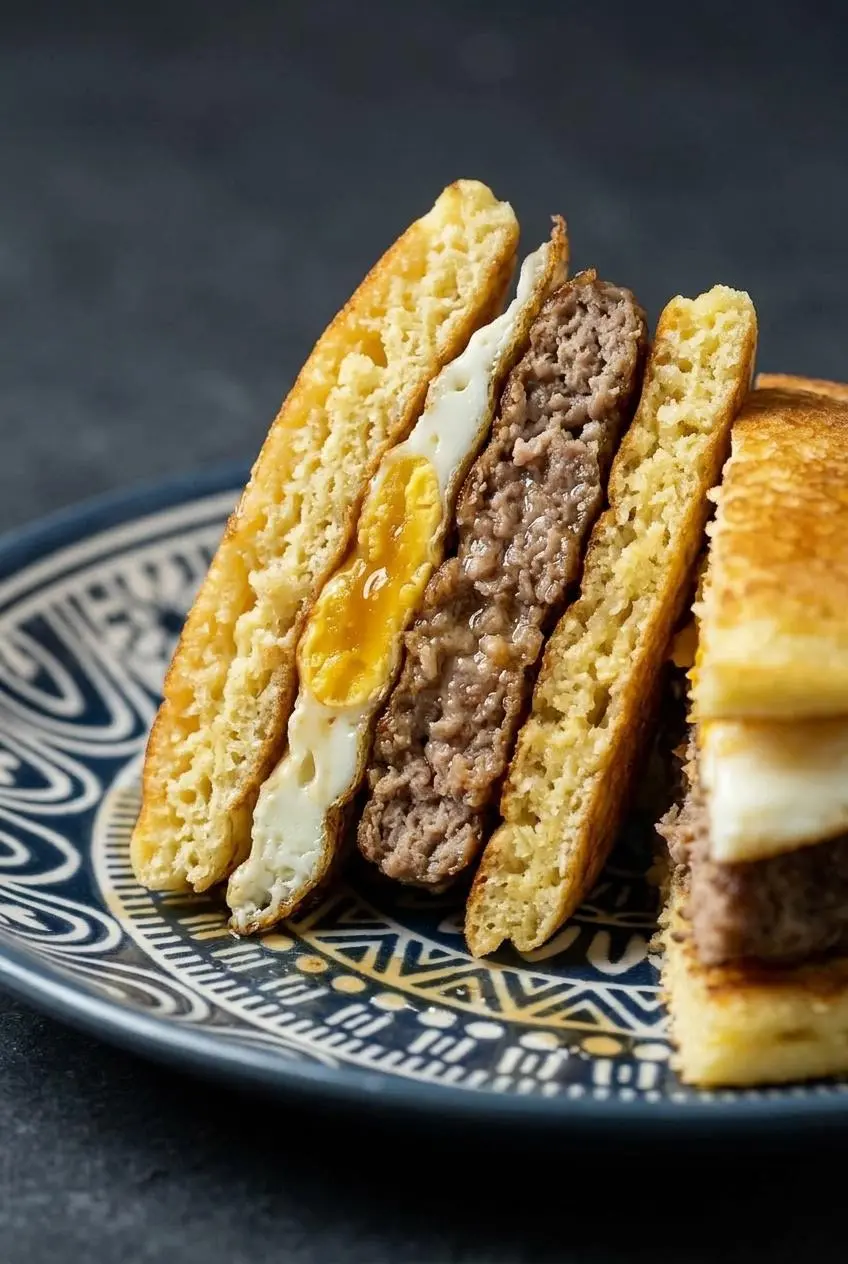 A close-up, cross-section view of a low carb pancake sandwich, showing the perfectly fluffy pancake crumb, a juicy sausage patty, and creamy