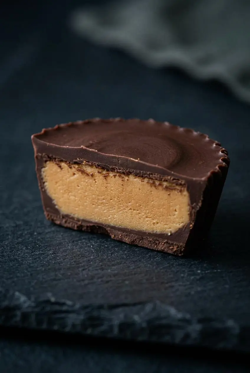 A keto peanut butter cup sliced cleanly in half on a dark slate surface, showing the extremely smooth texture of the peanut butter filling.