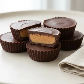A stack of homemade keto peanut butter cups with rich dark chocolate shells, one showing its creamy peanut butter filling.