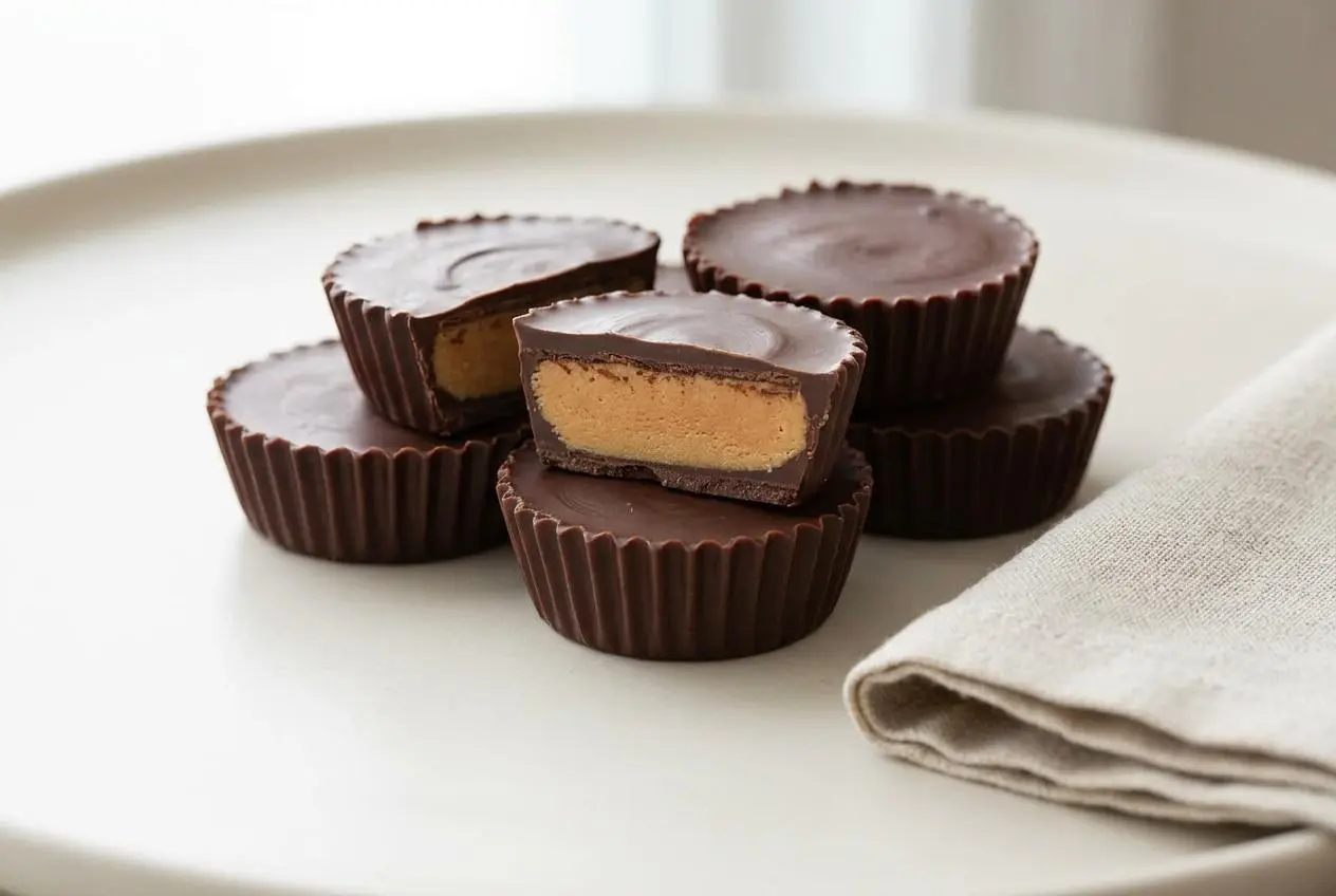A stack of homemade keto peanut butter cups with rich dark chocolate shells, one showing its creamy peanut butter filling.