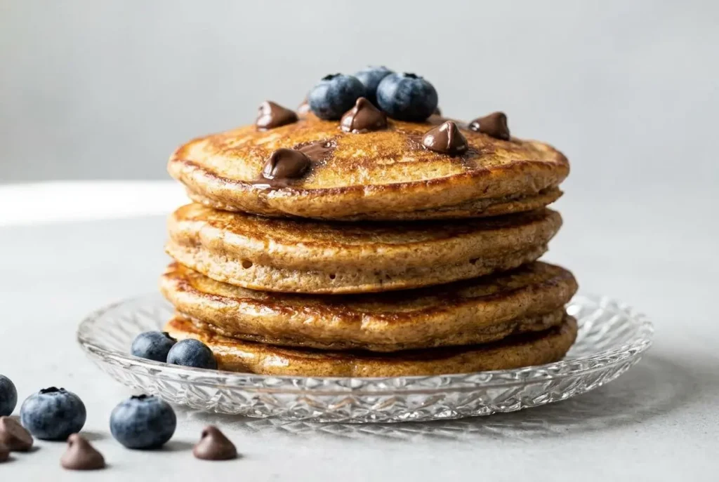 A stack of fluffy keto peanut pancakes on a light grey plate, topped with a melting pat of butter, fresh blueberries, and raspberries.