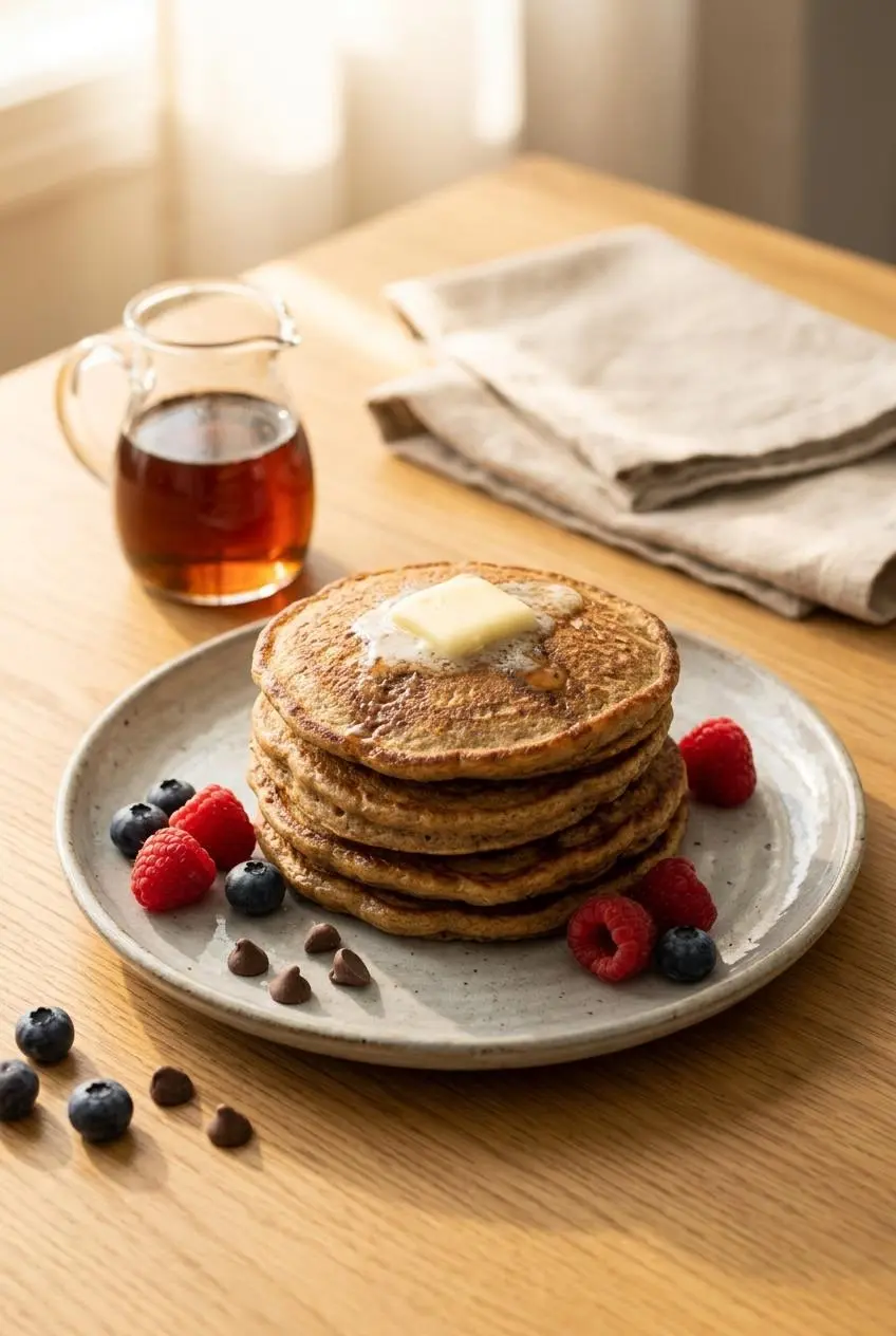 A stack of keto pancakes on a grey plate, topped with melting butter, fresh raspberries, and blueberries, with sugar-free syrup nearby.