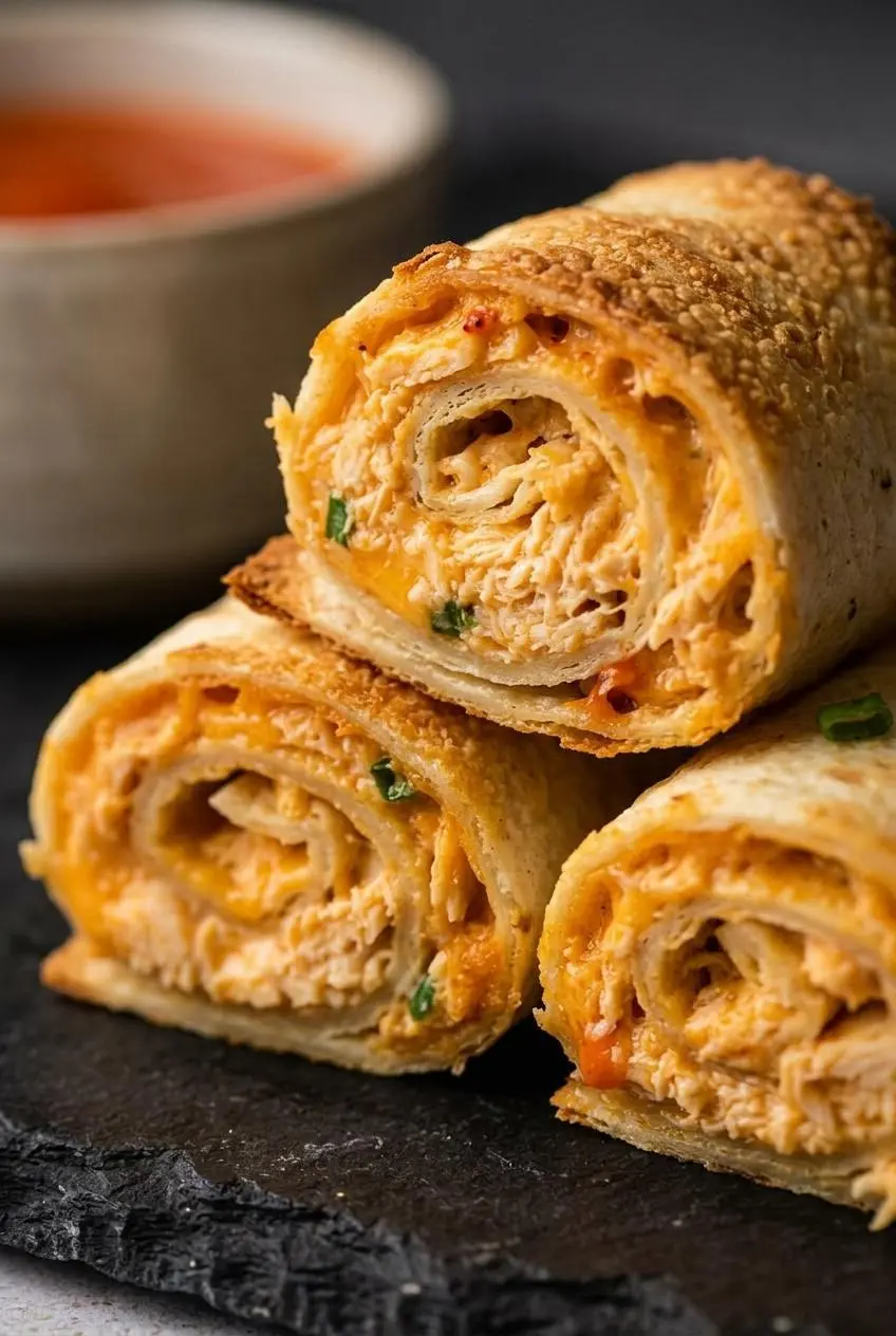 An extreme close-up of a keto buffalo chicken pinwheel, showing the creamy, thick orange filling swirled inside a visibly crisp, golden