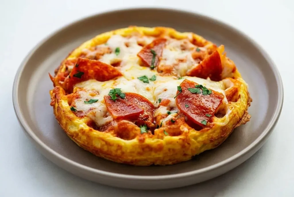 A single Keto Pizza Chaffle on a white plate, topped with melted mozzarella and pepperoni, showing a crisp, golden-brown waffle crust.