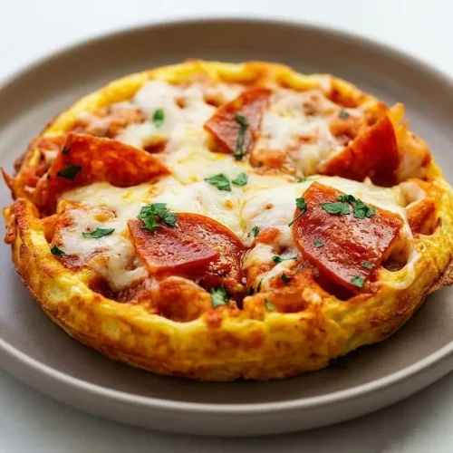 A single Keto Pizza Chaffle on a white plate, topped with melted mozzarella and pepperoni, showing a crisp, golden-brown waffle crust.
