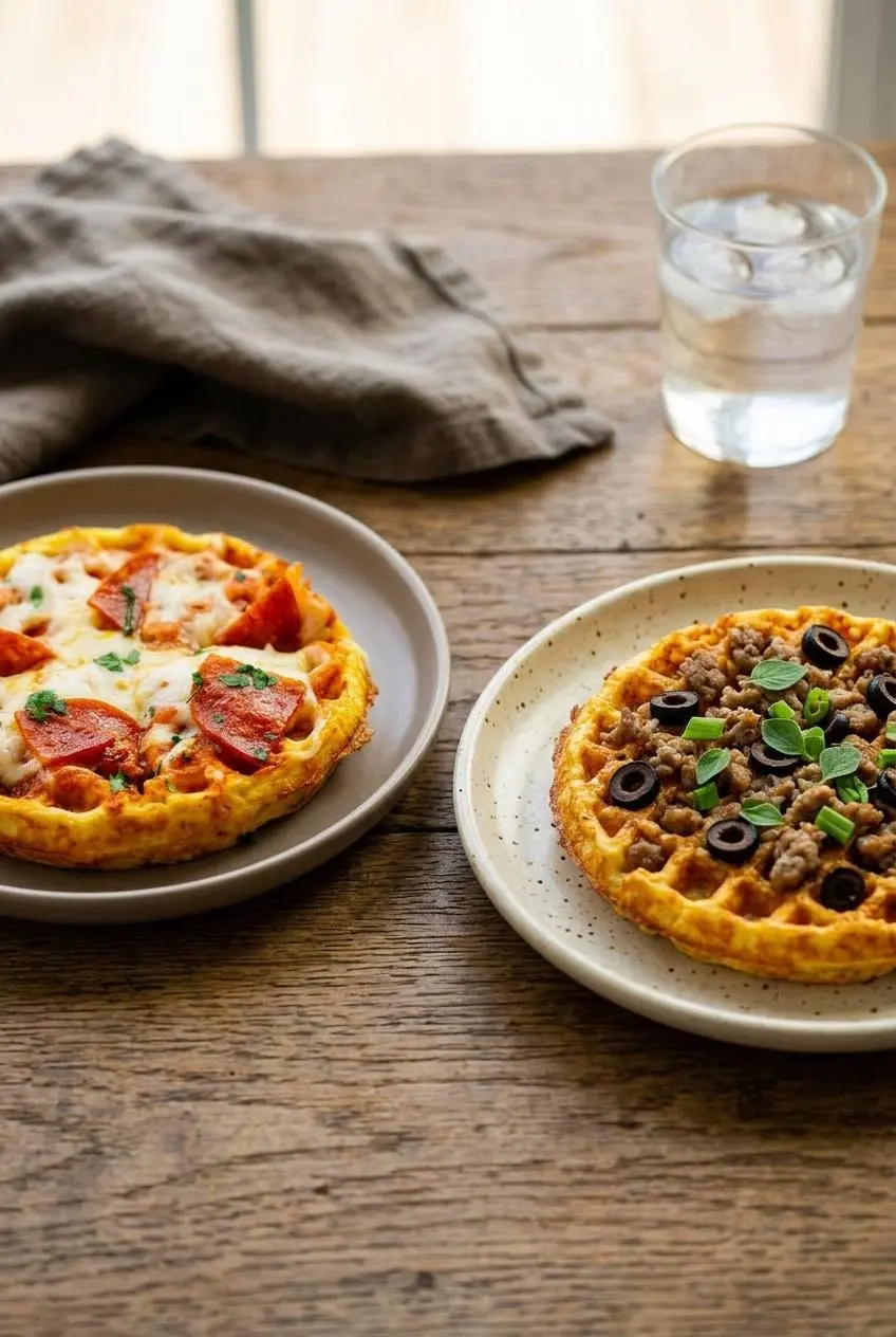 Two keto pizza chaffles on a wooden table, one with pepperoni and one with sausage and black olives, showing different topping ideas.