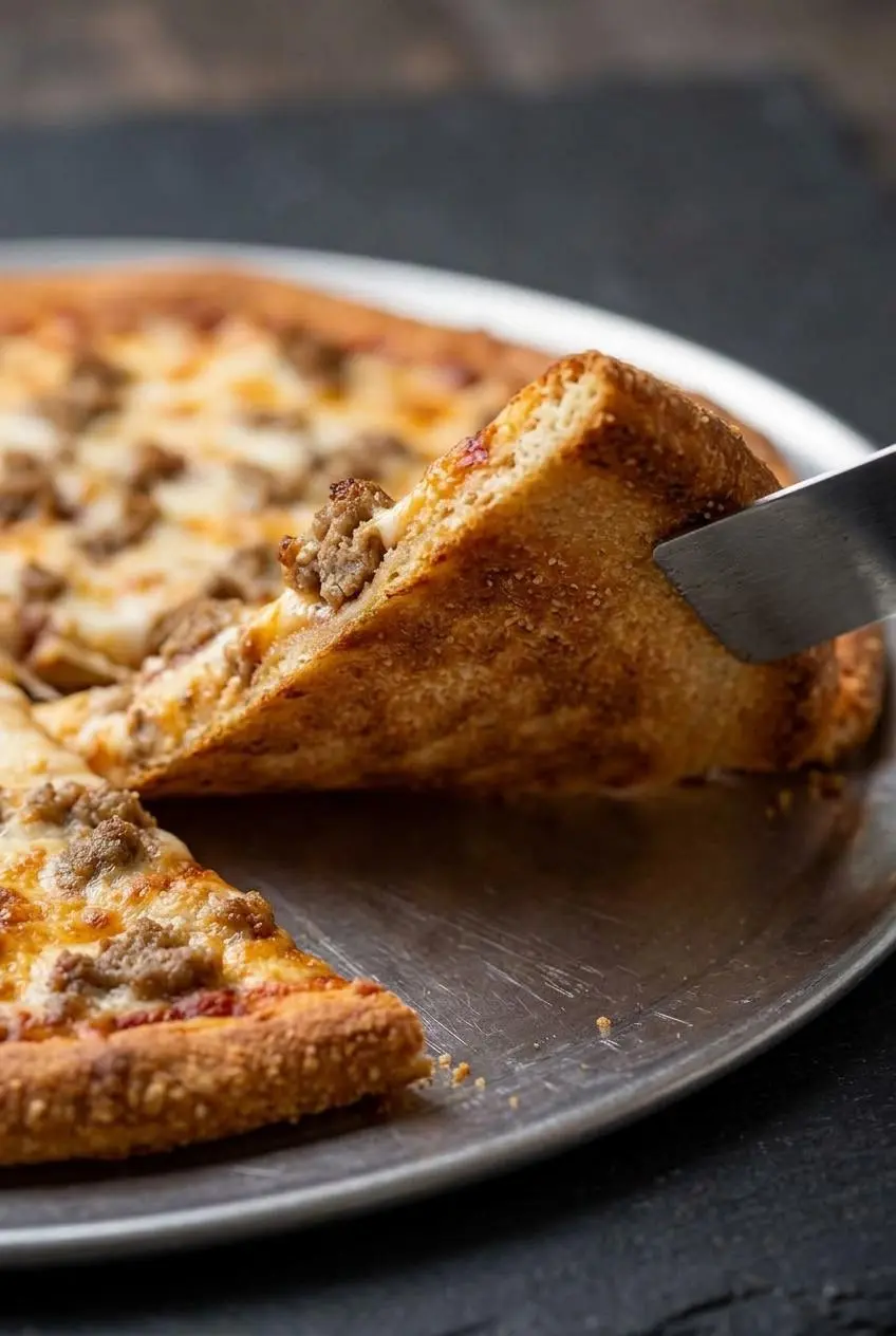 A close-up of a metal spatula lifting a slice of keto pizza, revealing the firm, perfectly golden-brown bottom of the crust.