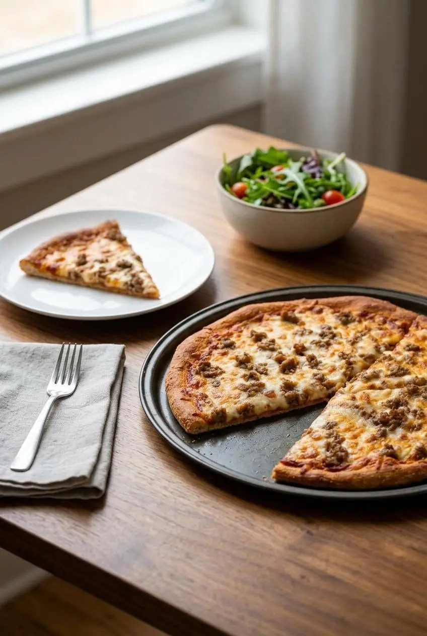 A slice of keto pizza with sausage on a white plate, set on a wooden table next to the rest of the pizza and a small side salad.