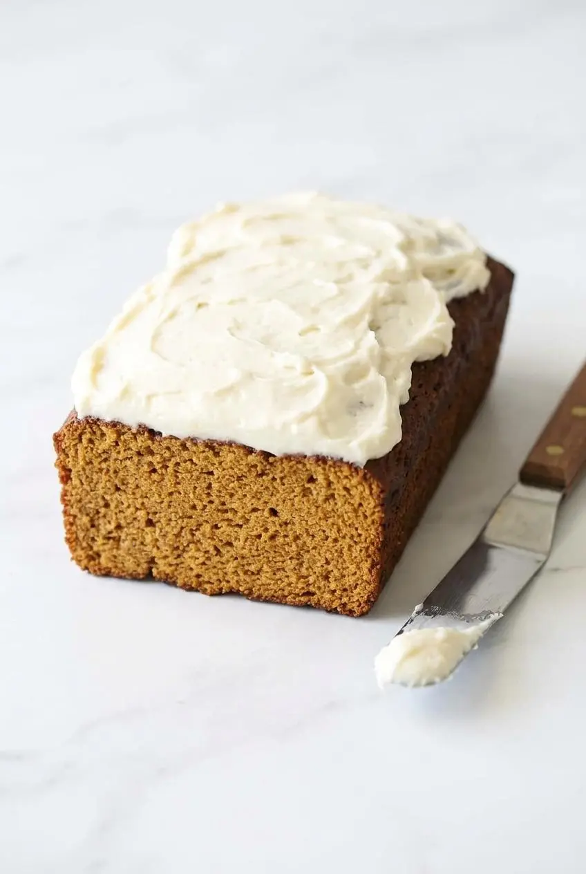 A loaf of keto pumpkin bread on a marble surface, topped with a thick layer of white cream cheese frosting.
