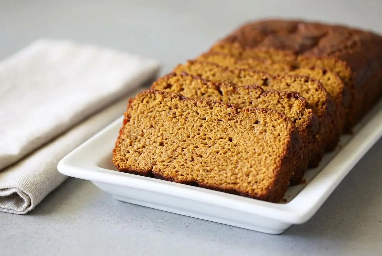 A whole loaf of Keto Pumpkin Bread with a golden-brown baked top, resting on parchment paper after cooling.