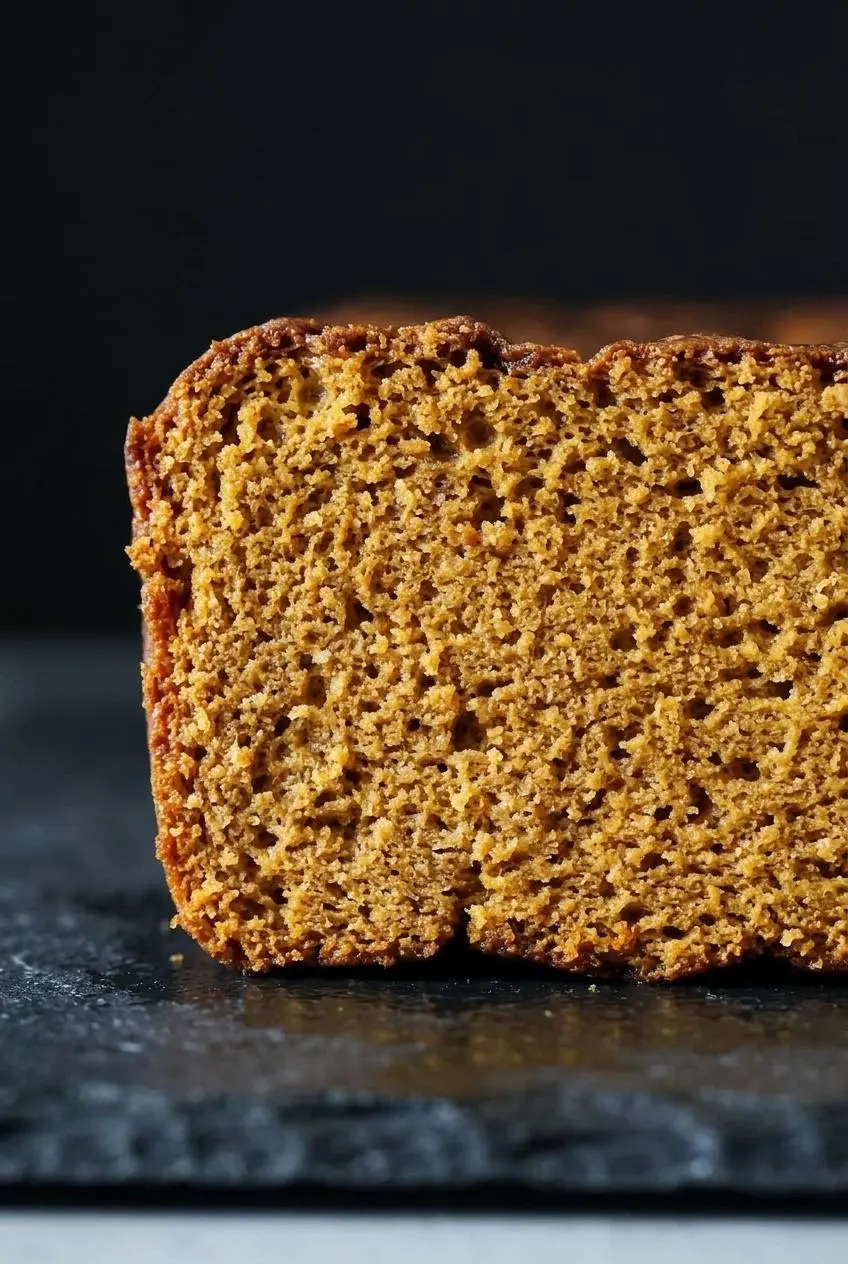 Extreme close-up of a slice of pumpkin bread, showing its super moist, dense, and tender crumb structure.