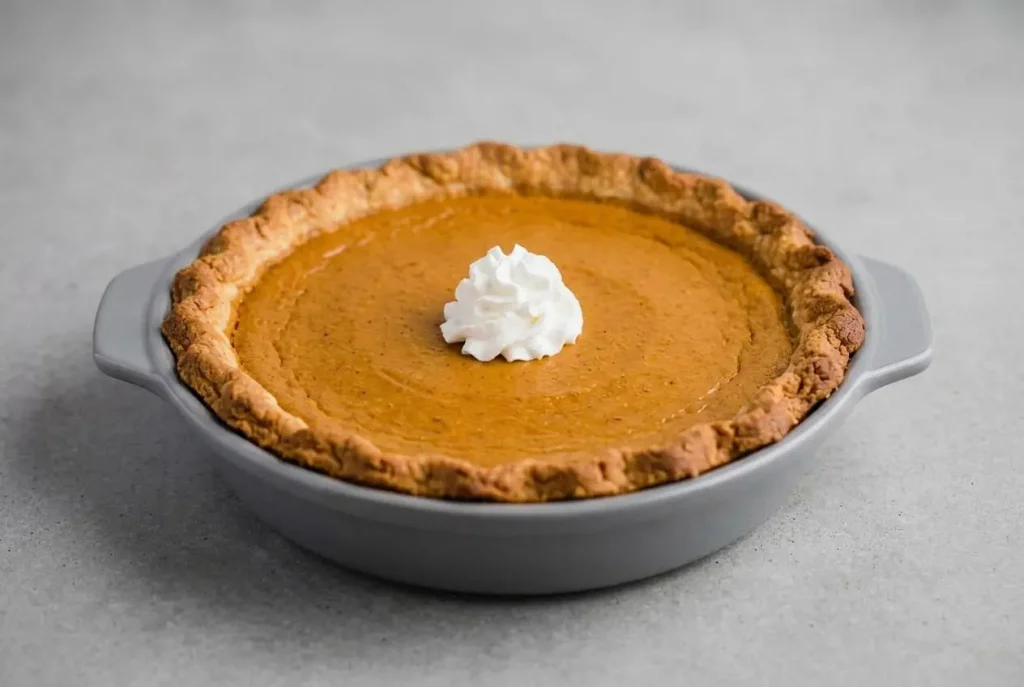 A whole keto pumpkin pie with a flaky almond flour crust and creamy orange filling, with one slice removed to show the texture.