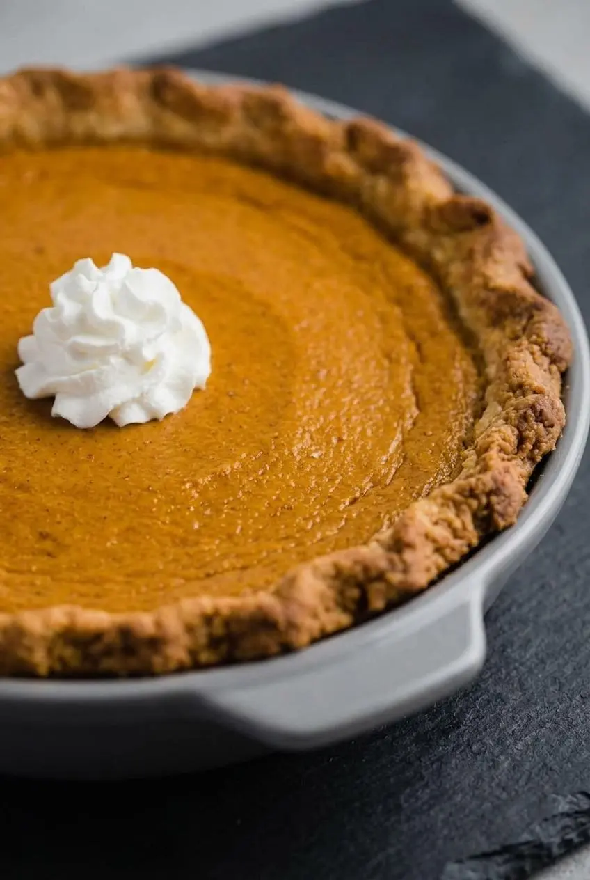Extreme close-up on a keto pumpkin pie, showing the contrast between the smooth custard filling and the flaky layered almond flour crust.