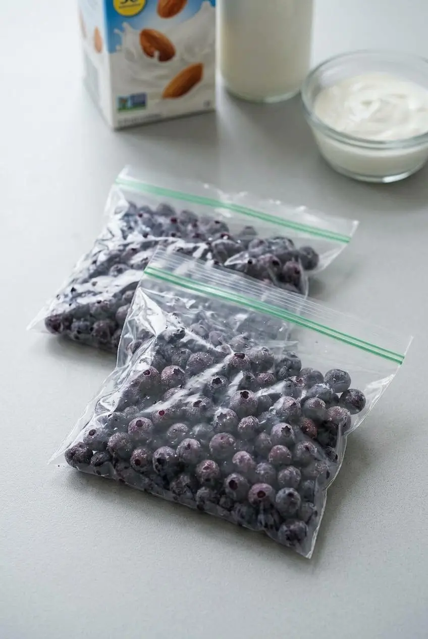 Two freezer bags with pre-portioned frozen blueberries for making keto smoothie meal prep packs.