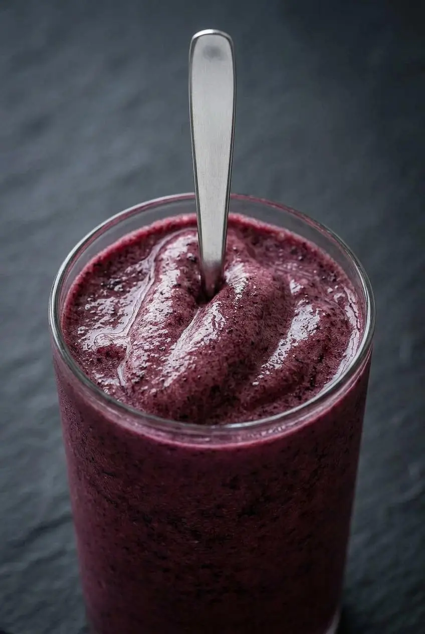 Extreme close-up of a thick, purple keto smoothie with a spoon standing upright in it, showing its frosty texture.