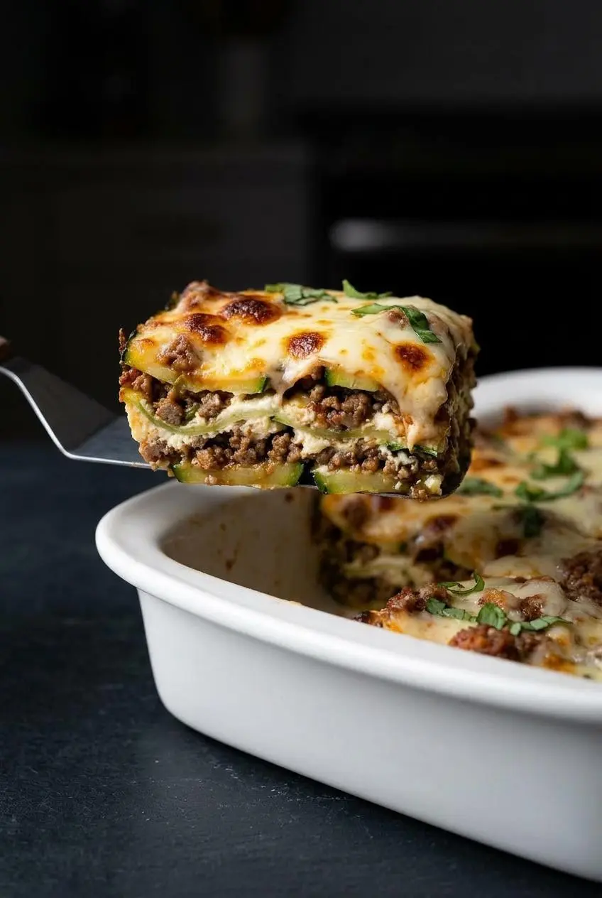 A close-up of a metal spatula lifting a perfect slice of zucchini lasagna from a baking dish, showcasing the clean, firm layers.