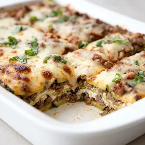 A square slice of Keto Zucchini Lasagna on a white plate, showing distinct layers of meat sauce and ricotta with a golden-brown melted