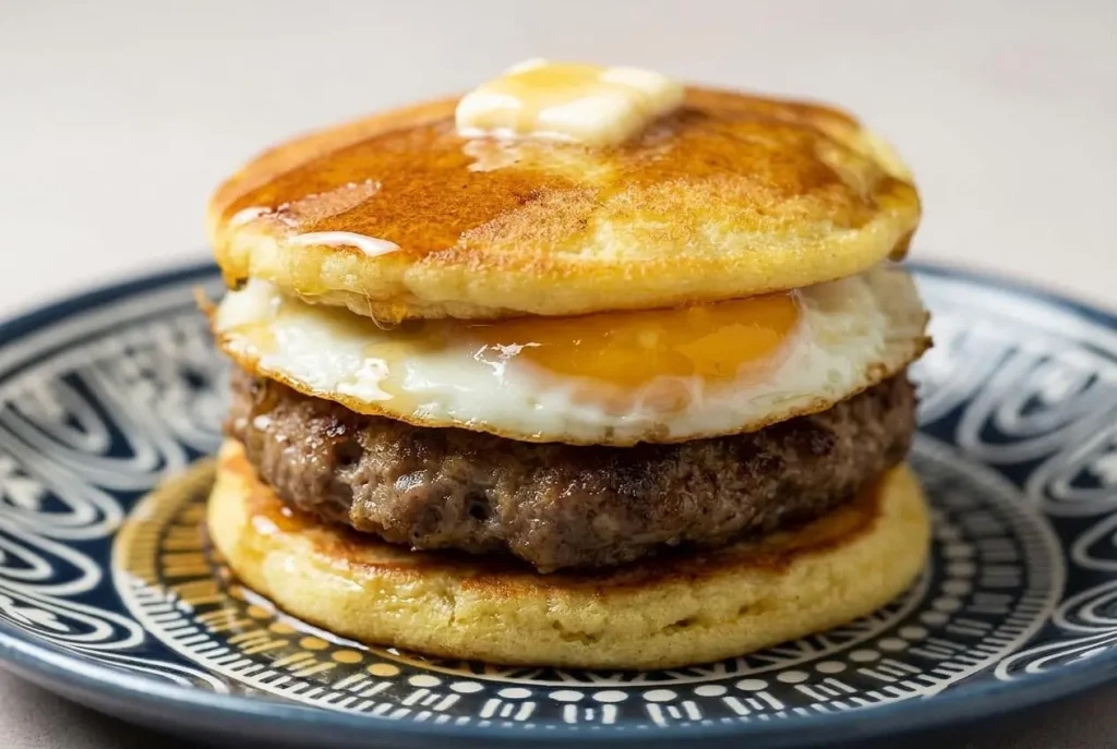 A low carb pancake sandwich with a fluffy keto pancake, savory sausage patty, and soft scrambled eggs, served on a white plate with a