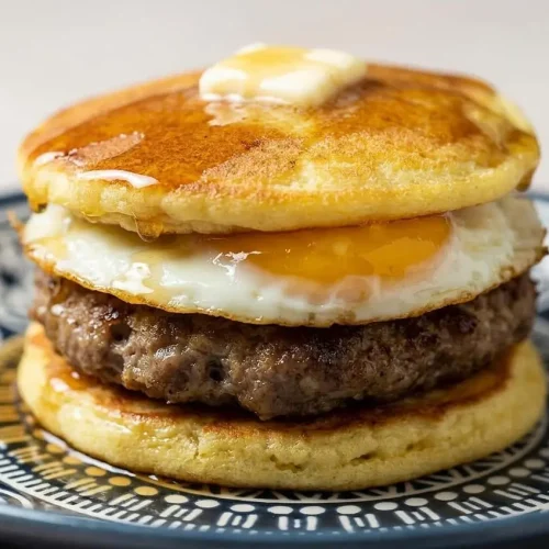 A low carb pancake sandwich with a fluffy keto pancake, savory sausage patty, and soft scrambled eggs, served on a white plate with a