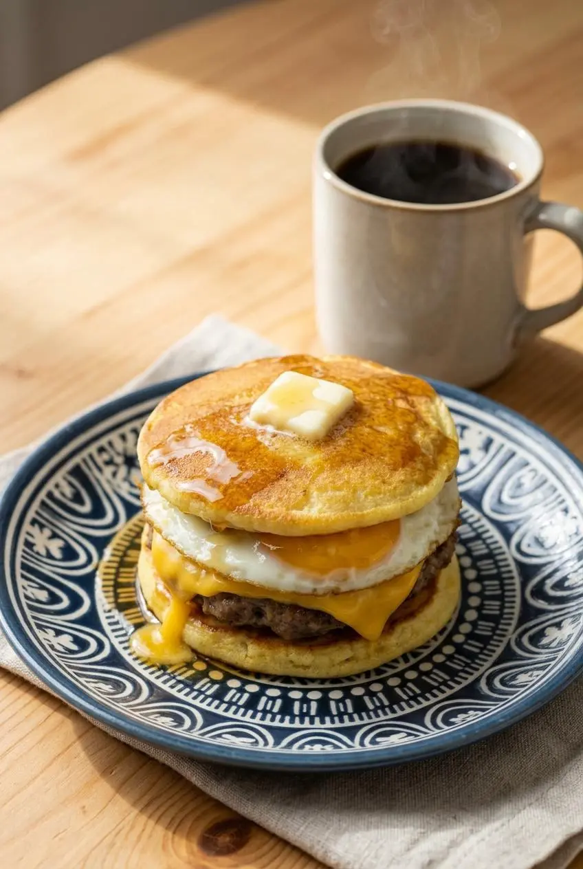 A low carb pancake sandwich variation served on a plate with a slice of melted cheddar cheese oozing over the sausage patty, next to a mug