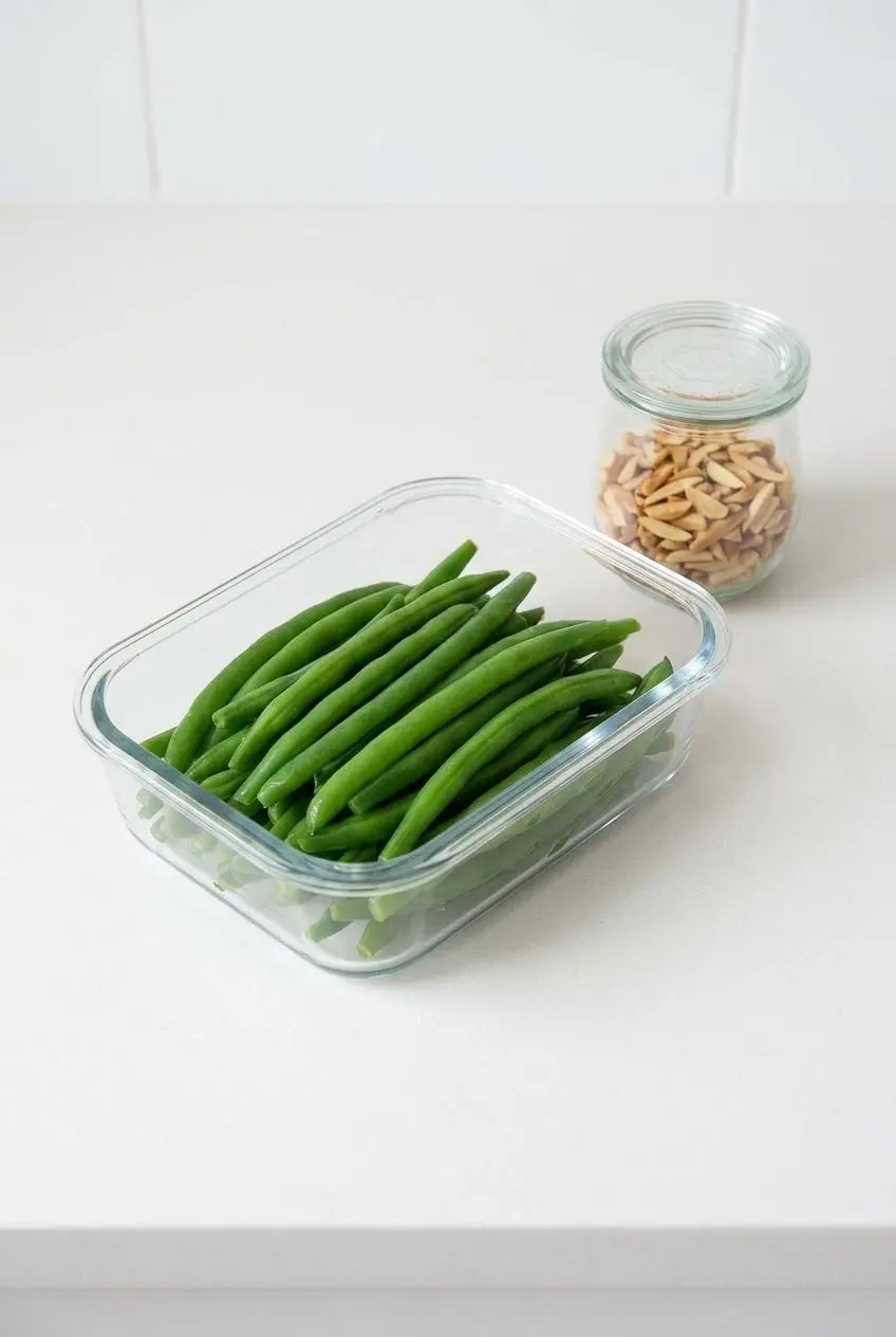 Prepped components for green beans almondine: a glass container of blanched green beans and a separate small jar of toasted almonds.