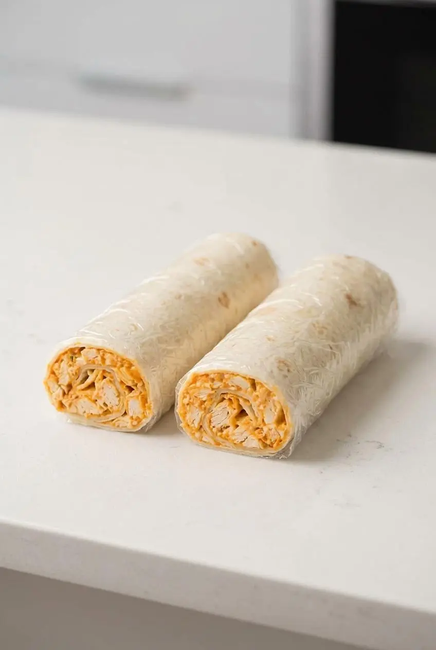 Two unsliced buffalo chicken tortilla logs tightly wrapped in clear plastic wrap, placed on a countertop to show the make-ahead step before