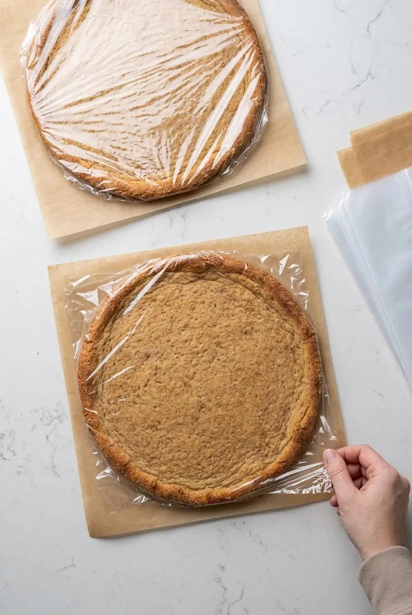 Overhead view of two par-baked keto pizza crusts on a counter, with one being wrapped in plastic film for make-ahead storage.