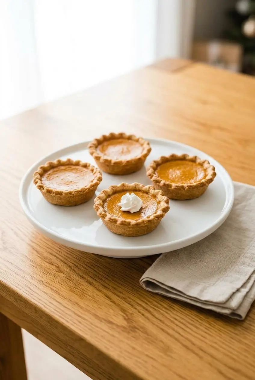 Four mini keto pumpkin pies arranged on a white serving platter, with one in the foreground topped with a dollop of whipped cream.