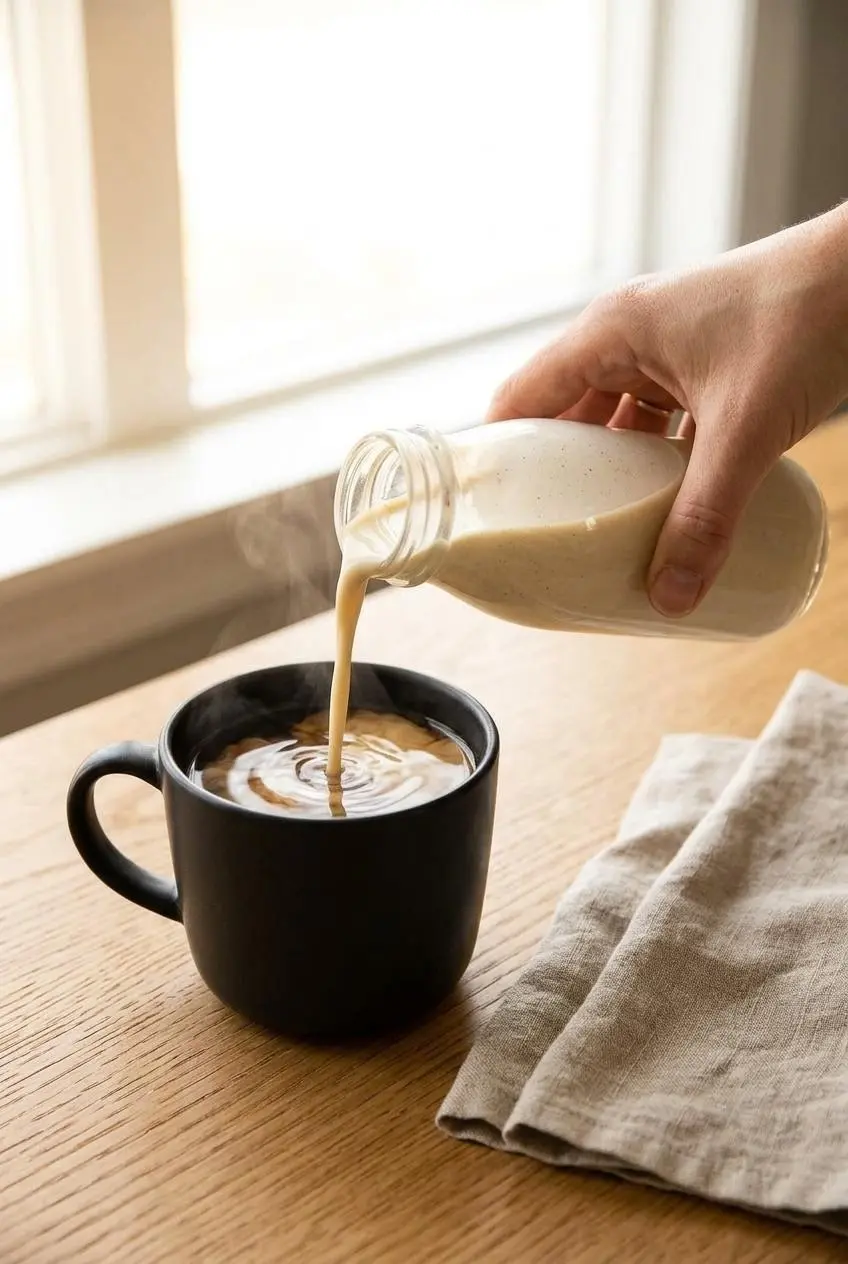 A hand pouring homemade liquid keto creamer from a glass bottle into a steaming matte-black mug of coffee.