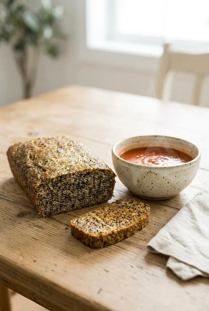 A thick, toasted slice of savory herb keto bread served next to a rustic bowl of steaming tomato soup on a wooden table.