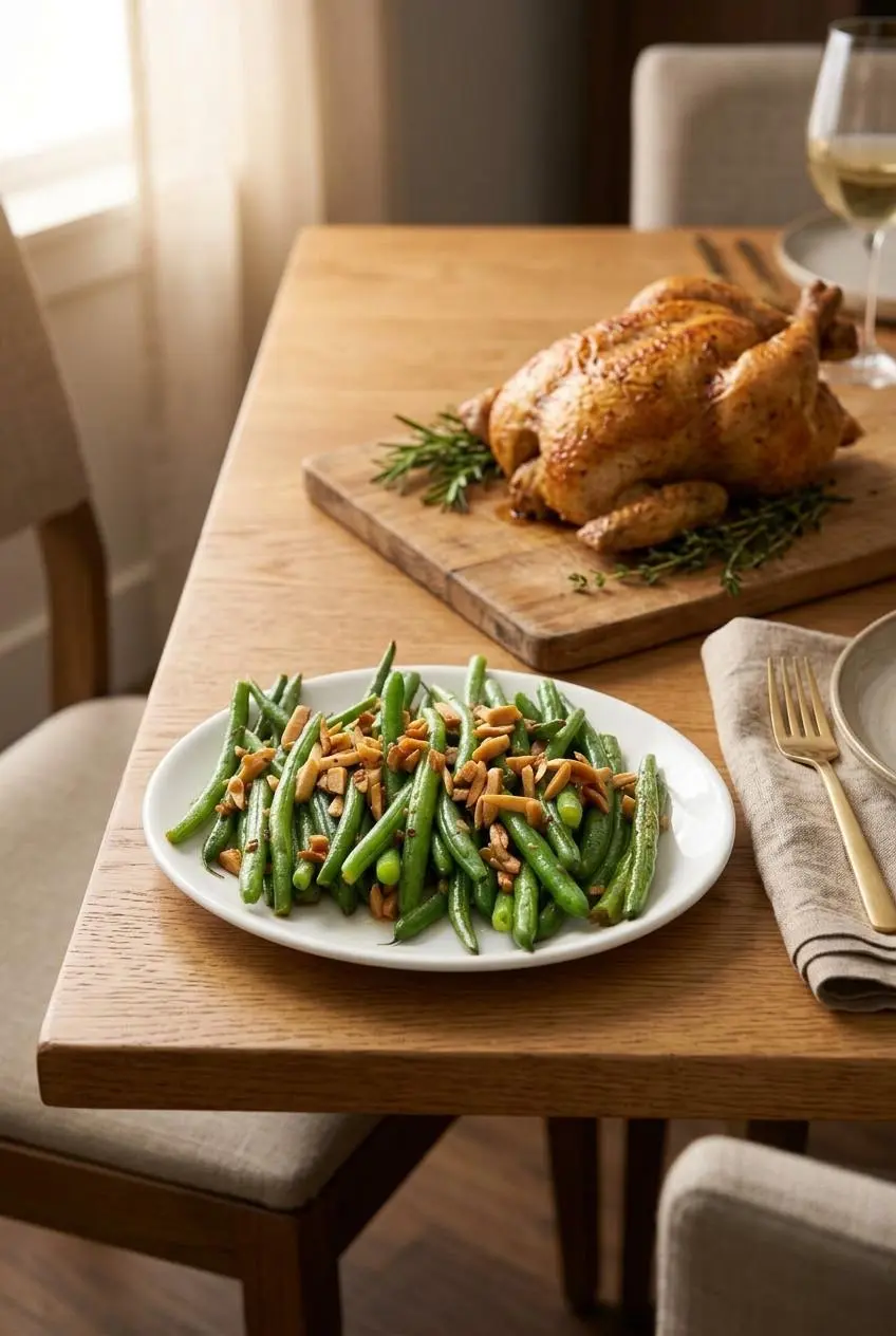 A serving dish of green beans almondine on a wooden dinner table next to a whole roasted chicken and a set dinner plate.