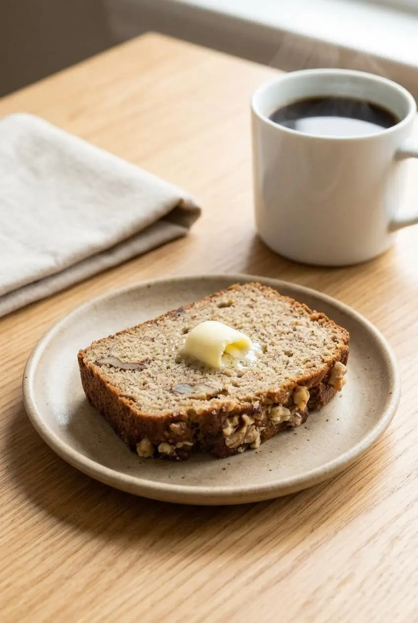 A slice of keto banana bread on a light-colored plate with a pat of melting butter, next to a steaming mug of black coffee.