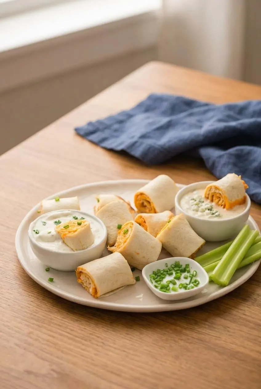 A platter of buffalo chicken pinwheels on a wooden table, served with bowls of ranch and blue cheese dressing, with fresh celery sticks on