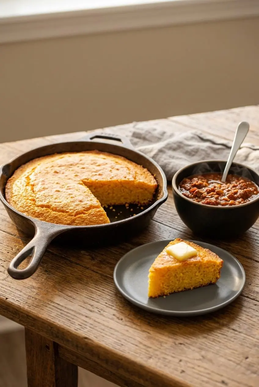A slice of keto cornbread with melting butter served on a small plate next to a dark bowl of steaming chili.