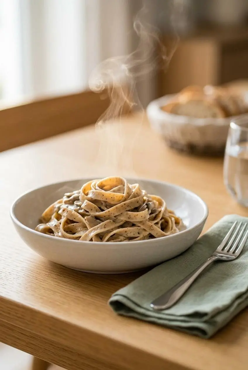 A serving of keto pasta with a creamy mushroom sauce in a bowl, set on a wooden table with a fork and sage green napkin.