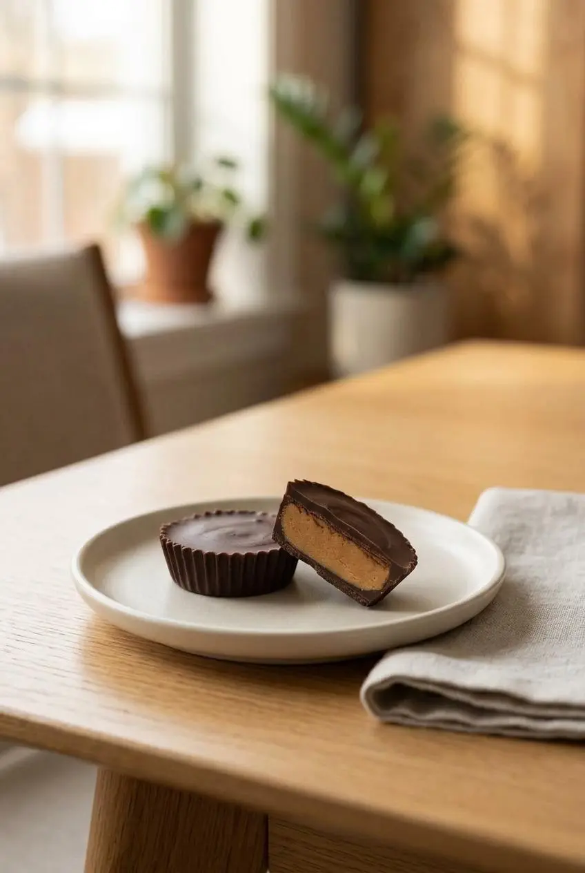 Two keto peanut butter cups served on a small ceramic plate on a light oak table, presented as a simple after-dinner dessert.
