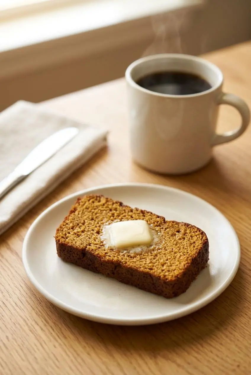A thick slice of keto pumpkin bread on a small plate, topped with a pat of melting butter. A mug of coffee is in the background.