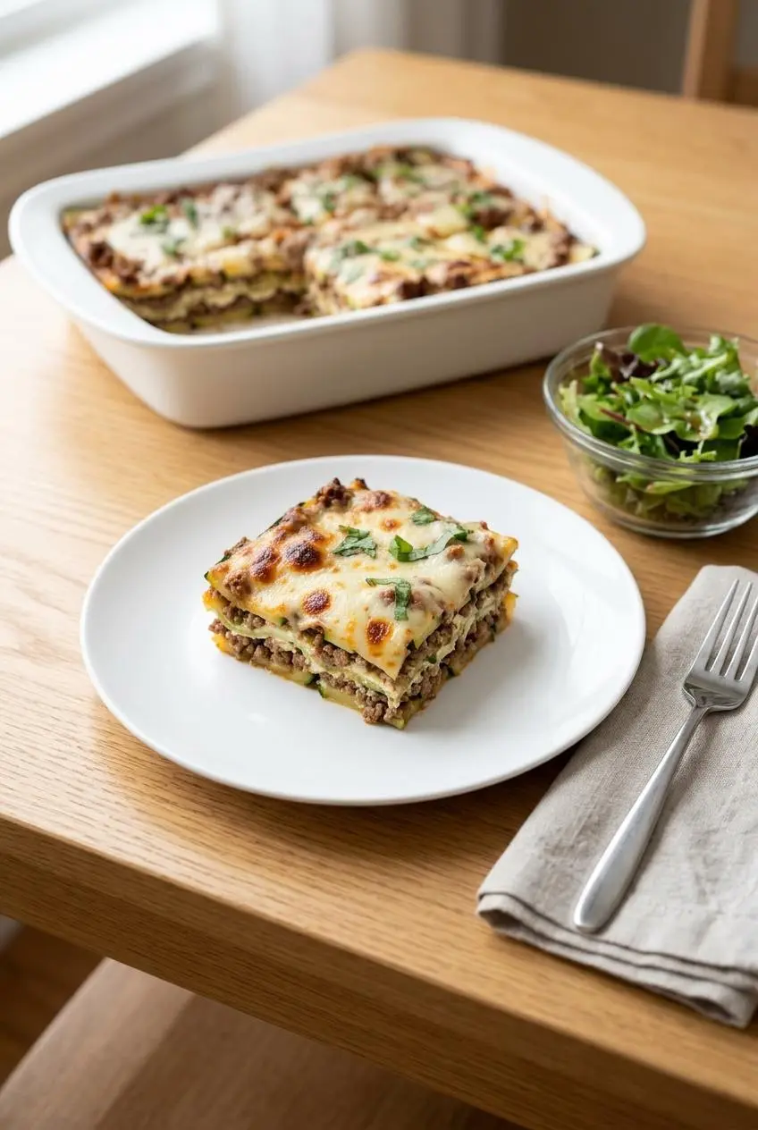 A slice of keto lasagna on a white plate with a side salad in a small bowl, set on a wooden table with a fork and napkin.