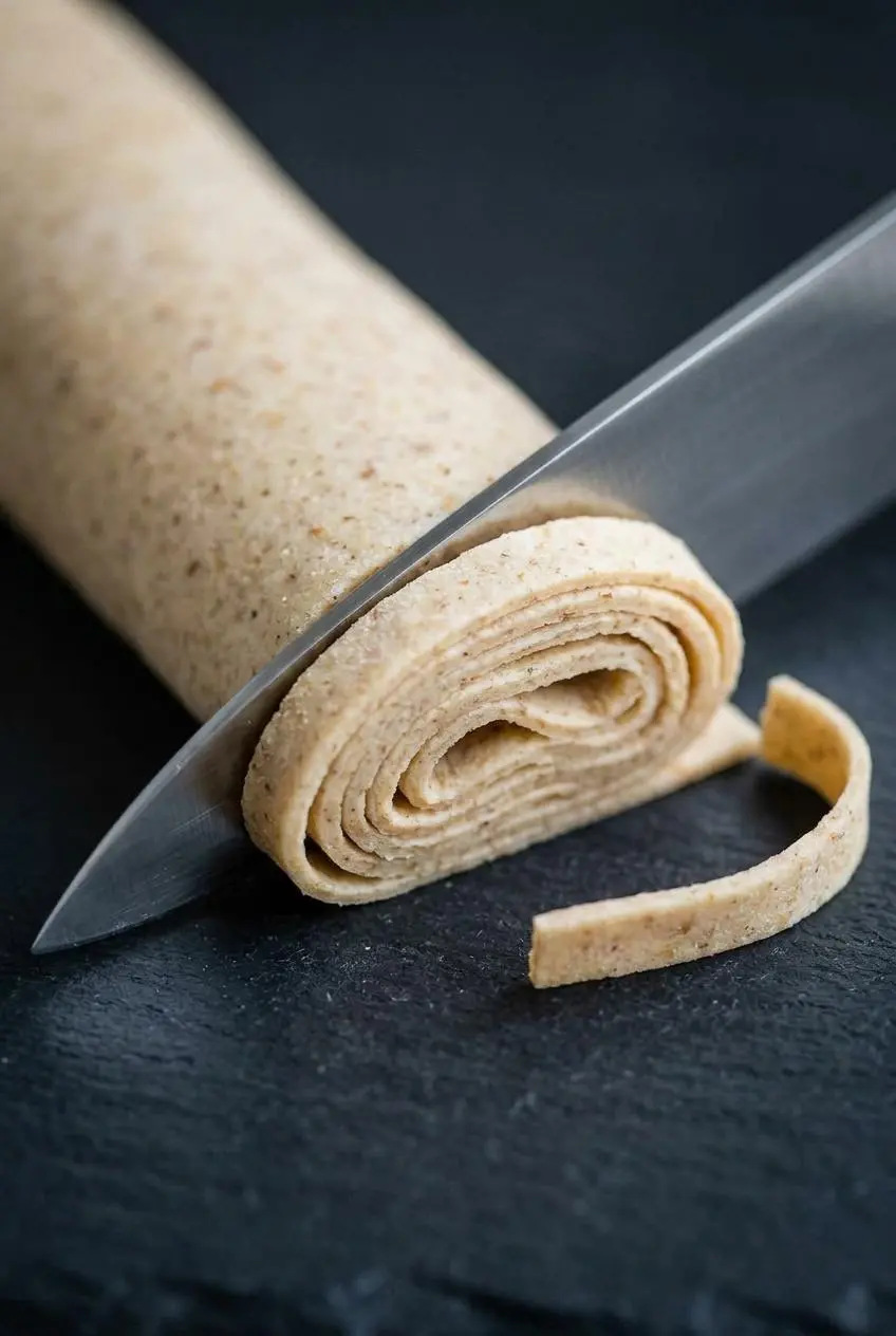 Close-up of a rolled sheet of baked keto pasta being sliced into fettuccine-style ribbons with a sharp knife on a dark slate surface.