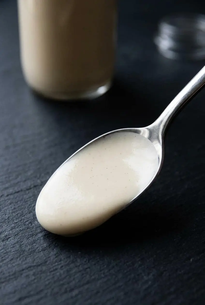 A macro shot of a silver spoon showing the perfectly smooth, thick coating of white liquid keto creamer on its back.