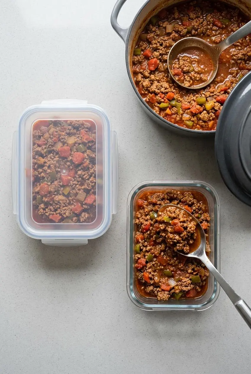 An overhead view of keto chili being portioned from a pot into glass meal prep containers for storage.