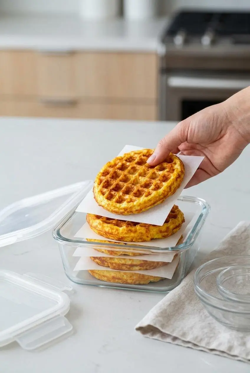 Three plain chaffle crusts stacked with parchment paper between them, being placed into a glass container for meal prep or freezing.